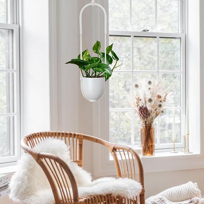 Boho Hanging Planter for Indoor Outdoor Plants Modern Wall and Ceiling Hanging Plant Basket Holder Hanger for Vines Succulents Ferns Room Decor(White)