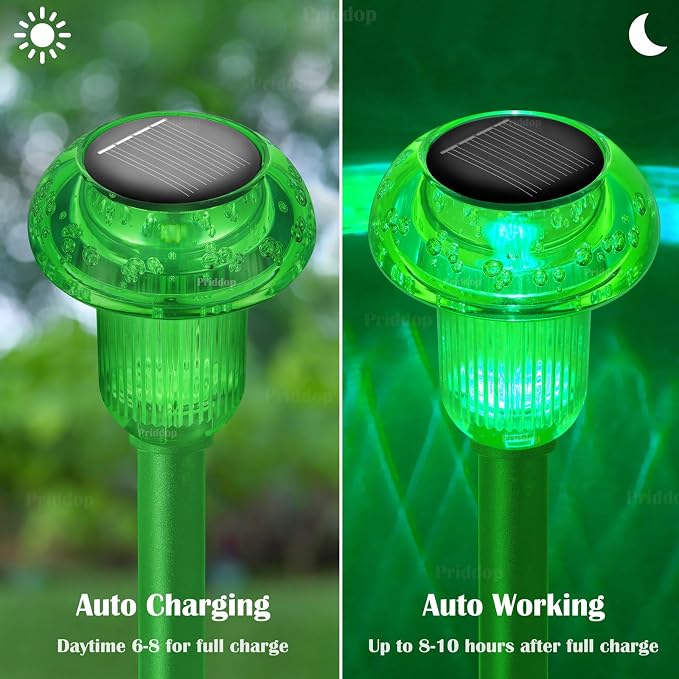 Priddop Solar Lights Outdoor Waterproof 8 Pack LED Green Stake Mushroom | Yard Pathway Garden Decorative Patio Landscape Path Walkway Spike Pattern Acrylic Cap ABS Stake Outside Halloween Decor