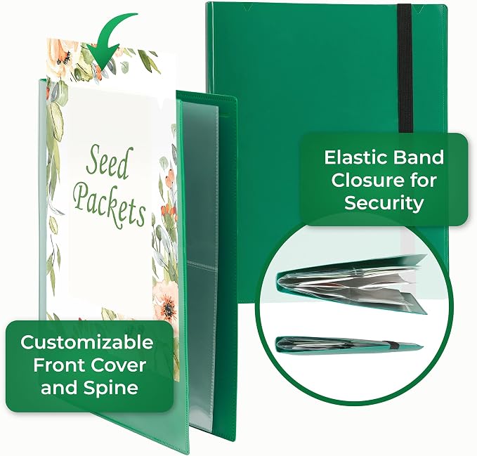 Samsill Seed Organizer, 4 Pocket Reusable Garden Storage Protector, 3.5" x 5" Clear Sleeves, Planner, 32 Pockets, Holds Up to 64 Packets, Green