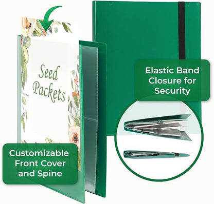Samsill Seed Organizer, 4 Pocket Reusable Garden Storage Protector, 3.5" x 5" Clear Sleeves, Planner, 32 Pockets, Holds Up to 64 Packets, Green