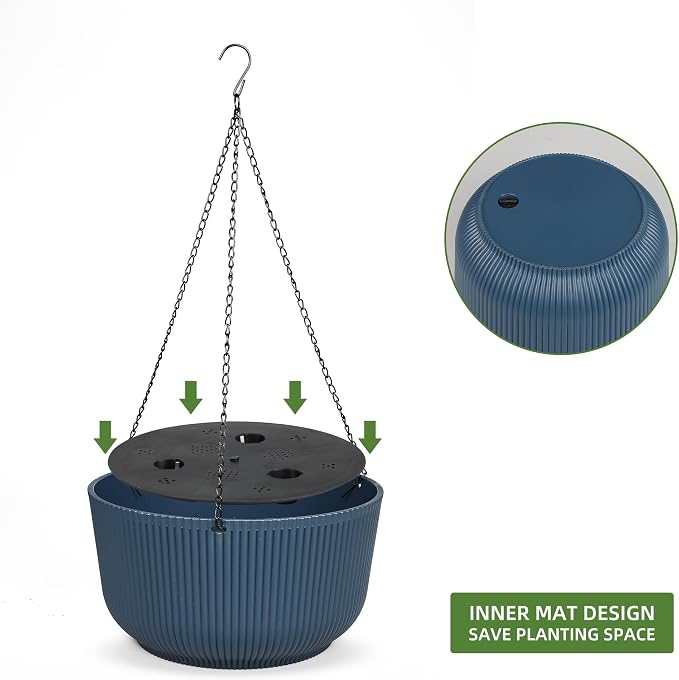 Dexceder 8.75 Inch Self Watering Hanging Planter (2 Pack, Deep Blue) | Thickened Hanging Basket Flower Plant Pot Indoor Outdoor