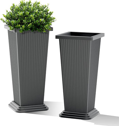 FENCY Set of 2 Tall Planters for Outdoor Plants, Gray Ribbed | 24 Inch, with Drainage Hole & Trays, Plastic Tapered Pots, Weather-Resistant, Front Door Decor