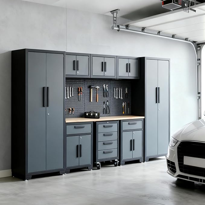 Garage Storage Cabinet System, 9PCS Tool Chest Workbench Storage System in Black, Included Steel Cabinets Drawers Rolling Chest and Pegboard,Locked Garage Storage Cabinet,Grey Handle