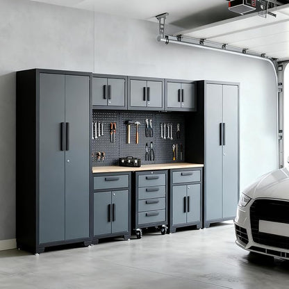 Garage Storage Cabinet System, 9PCS Tool Chest Workbench Storage System in Black, Included Steel Cabinets Drawers Rolling Chest and Pegboard,Locked Garage Storage Cabinet,Grey Handle