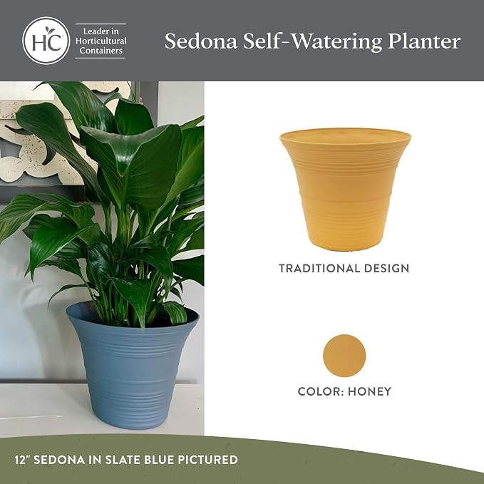 The HC Companies 7 Inch Sedona Round Self Watering Planter Pots, Lightweight UV-Resistant Plastic Indoor & Outdoor Planters, 4-Pack Flower Pots for Garden & Home Decor, Honey