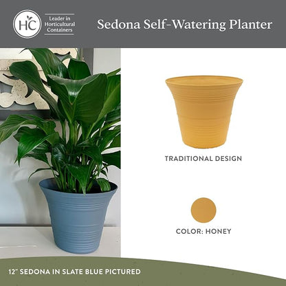 The HC Companies 7 Inch Sedona Round Self Watering Planter Pots, Lightweight UV-Resistant Plastic Indoor & Outdoor Planters, 4-Pack Flower Pots for Garden & Home Decor, Honey