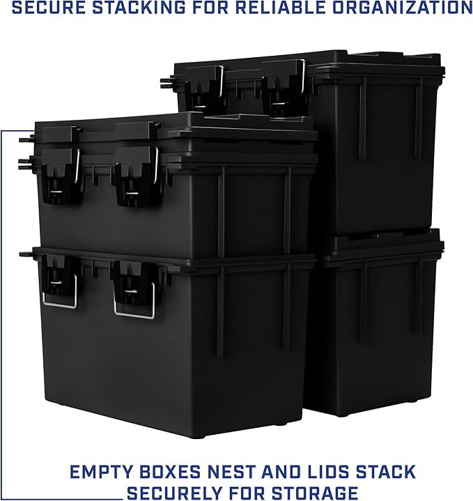 Sheffield XL Ammo Box Made in USA, Stackable Lockable Ammo Storage Box | 4 Pack Lockable Storage Box, Water and Dust Resistant Dry Box, Secures Hunting Gear, Gun Accessories, Supplies, and Bullets