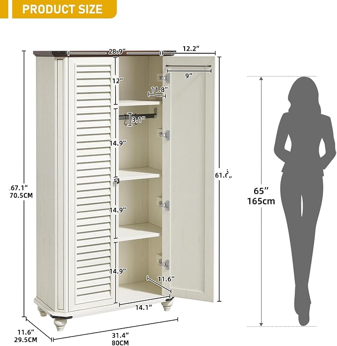 DWVO 4-Tier Storage Cabinet with 2 Shutter Doors, Farmhouse Kitchen Pantry Cabinet with Adjustable Shelves, Wooden Cabinet for Kitchen, Dining Room, Living Room, Office, Rustic White | 4-Tier Storage Cabinet with 2 Shutter Doors, Wooden Cabinet for Kit...