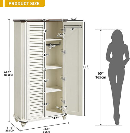 DWVO 4-Tier Storage Cabinet with 2 Shutter Doors, Farmhouse Kitchen Pantry Cabinet with Adjustable Shelves, Wooden Cabinet for Kitchen, Dining Room, Living Room, Office, Rustic White | 4-Tier Storage Cabinet with 2 Shutter Doors, Wooden Cabinet for Kit...
