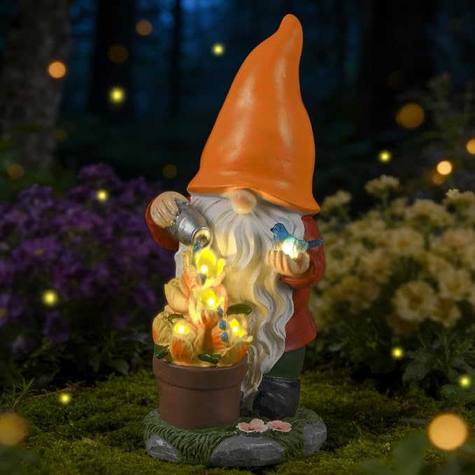 Solar Gnome Statue Outdoor Decor for Mother's Day,Gnome Figurines with Flower LED Light for Garden Decorations for Patio Lawn Balcony Garden,Housewarming Gifts for Women Mom