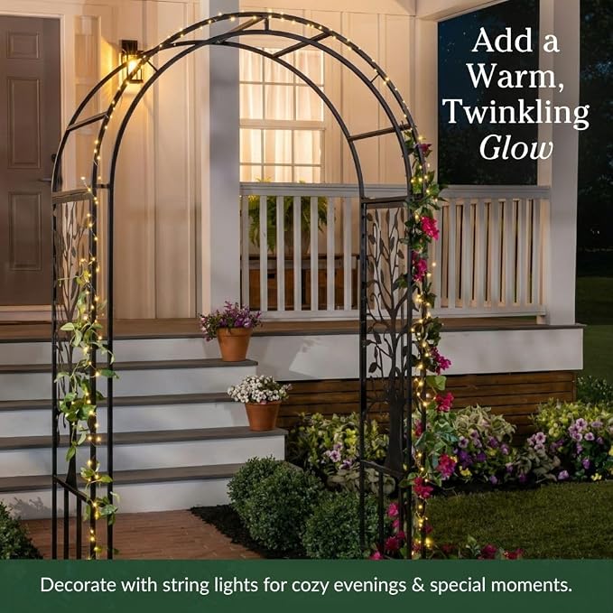Plow & Hearth Metal Garden Arch Trellis Arbor Tree of Life Panels, 7 feet Freestanding Outdoor Arch Trellis for Climbing Plants, Pathway Entry and Wedding Garden Decor