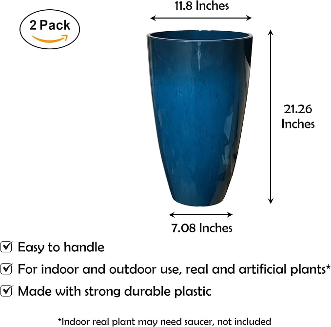 RUBBER BOND Plant Pots 2 Pack - Modern Indoor/Outdoor Planters for Home Decor - Weather-Resistant Large Flower Pots - Lightweight 21.26 Inches Tall Planters - Blue Glossy Round Pots for Plants