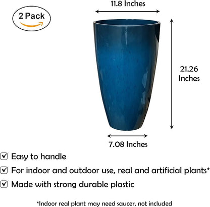 RUBBER BOND Plant Pots 2 Pack - Modern Indoor/Outdoor Planters for Home Decor - Weather-Resistant Large Flower Pots - Lightweight 21.26 Inches Tall Planters - Blue Glossy Round Pots for Plants