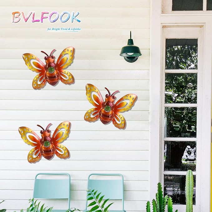 Garden Decor Metal Bee Wall Art Sculpture, Large Bee art Garden Decoration | BVLFOOK; Hanging for Outdoor & indoor; Yard Lawn Patio; Living Room décor; Bedroom; 3 Pack; Gift for Family