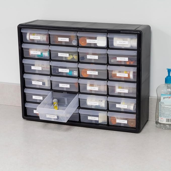 Akro-Mils 24-Drawer Plastic Storage Cabinet | 20" W x 6" D x 16" H | Black | Model 10124 | Garage Organization