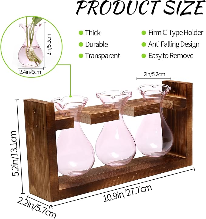 Plant Propagation Station Plant Terrarium Unique Birthday Gifts for Women | Plant Lovers Home Office Decor Planter with Wooden Stand - 3 Bulb Glass Vase