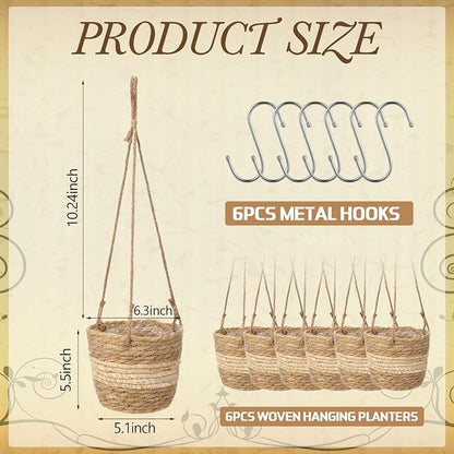 6 Pcs Seagrass Hanging Planter Basket Hand Woven Plant Basket with Plastic Liners Hanging Plant Holder Storage Containers with Cotton Rope for Indoor Outdoor Garden Home Decor(Beige)