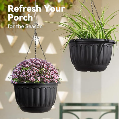 YIKUSH 12 Inch Hanging Planters for Outdoor Plants, 2 Pack Plastic Hanging Flower Pots with Drainage Hole & Tray, Hanging Basket Style Pots for Porch Patio Balcony Decor (Black)