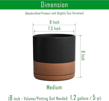 D'vine Dev 8 Inch Ceramic Planter Pot, Black/Tan, 94-O-D-7 | Modern Cylinder Design, Drainage Hole & Saucer Included, Stable Structure, Elegant Home Accent