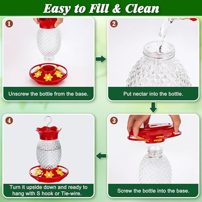Fchstaer Glass Hummingbird Feeders for Outdoors Hanging 16oz 2 Pack Clear Pineapple Bee & Ant Proof 360°Perch Leakproof Easy Clean with 6 Feeding Ports Gifts for Mom