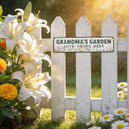 Garden Metal Tin Sign, Grandma’s Garden Love Grows Here Sign, Vintage Floral Farmhouse Outdoor Wall Decor, for Porch Patio Fence, Gift for Grandma Gardens Decor, 15.7 x 3.9 Inches