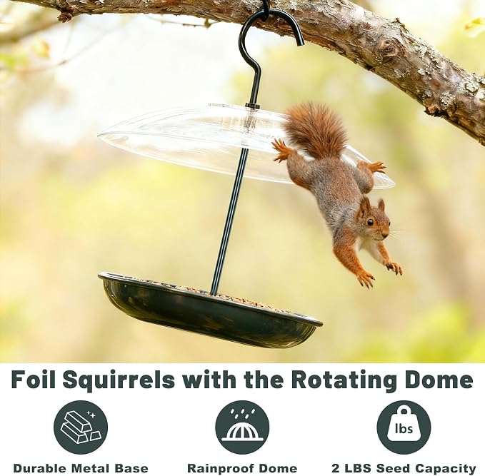 Gtongoko Platform Bird Feeder for Outdoors Hanging with 12” Weatherproof Dome, Squirrel-Resistant Metal Tray, 2 Lbs Seed Capacity, 360° Multi-Bird Feeding, Green