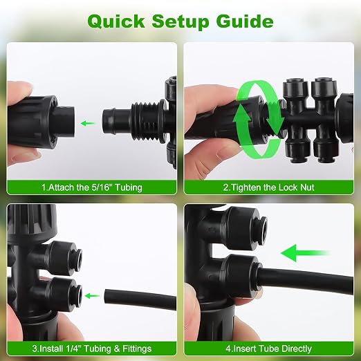 50FT 5/16" Drip Irrigation Tubing and 4 Packs 4-Way Quick Coupler, Push-to-Connect Fittings- DIY Garden Irrigation System, Misting, or Blank Distribution Tubing for Any Gardening Project