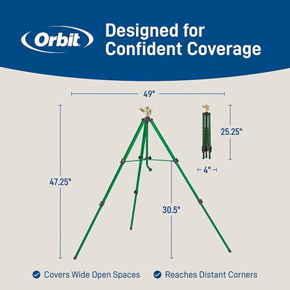 Orbit 1/2 Inch Brass Impact Sprinkler - Adjustable Metal Tripod - Long Range Lawn Watering System - 360 Degree Rotating Sprinkler - Heavy Duty Irrigation System - Adjustable 22-48 Inch Height - 58308