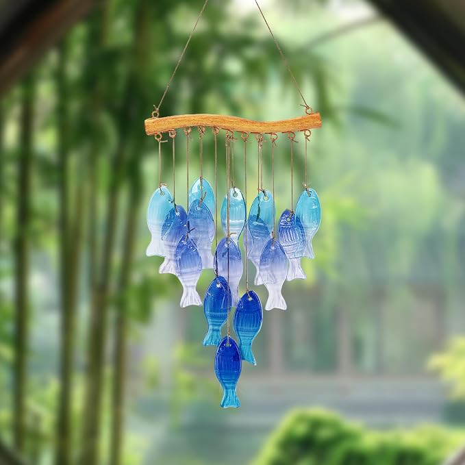 Wind Chimes Blue Glass Sea, Garden Wind Chime for Home, Beach Party, Festival Decor, Glass Garden Patio Yard Porch Decoration Indoor/Outside, Lifelike Fish Style
