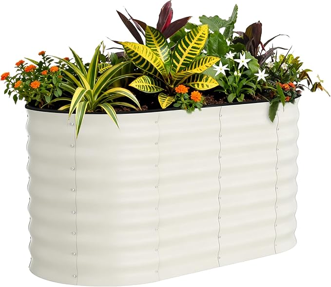 Garvee 4x2x2ft Galvanized Raised Garden Bed, Oval Metal Planter Box with Anti-Cut Safety Edges, 119 Gallons Rust-Resistant Deep Root Planter for Outdoor Vegetables, Flowers, Herbs, Beige