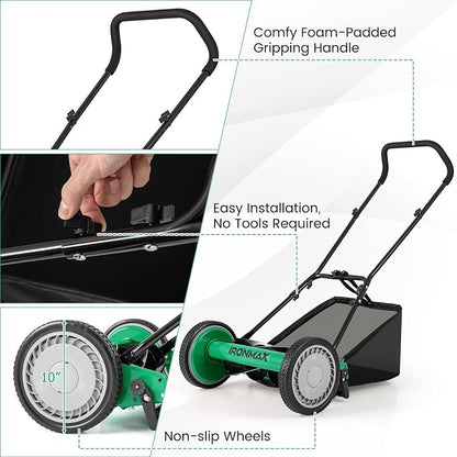 IRONMAX Lawn Mower, 16 Inch Push Reel Lawn Mower with 5 Steel Blades, Adjustable Cutting Heights, Grass Catcher Bag, Walk-Behind Manual Lawnmower for Garden Park Yard, No Motor (Green, 16 Inch)