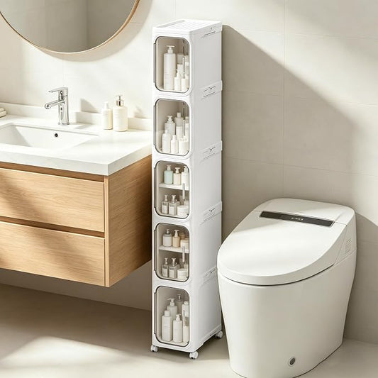 5-Tier Narrow Storage Cabinet Slim Bathroom Tall Skinny Organizer | Movable Slim Storage Cabinet with Lockable Rolling Wheels Adjustable Detachable Shelves Snap Assembly for Small Spaces,White