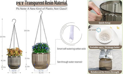 Melphoe 2 Pack Self Watering Hanging Planters Indoor Flower Pots, 5.3/8.3 Inch Outdoor Hanging Basket, Plant Hanger with 3Hooks Drainage Holes for Garden Home (Gray)