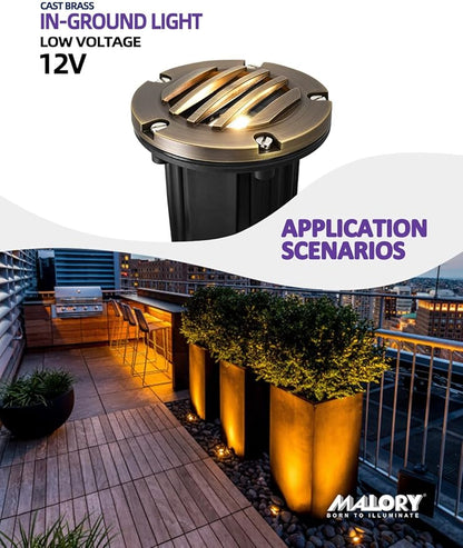 MALORY Brass Top Cover Landscape Well Lights, (φ126 mm) 12V Low Voltage Outdoor In Ground Lights,Landscape Lighting for Pathway, Driveway and Garden (Grated Top, 4-Pack with Bulb)