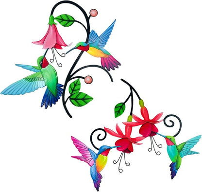 Meduofon 2 Pack Metal Hummingbird & Flower Outdoor Wall Art Decor, Creative Wall Decor for Patio, Fence, Deck, Garden, Home, Kitchen, Balcony