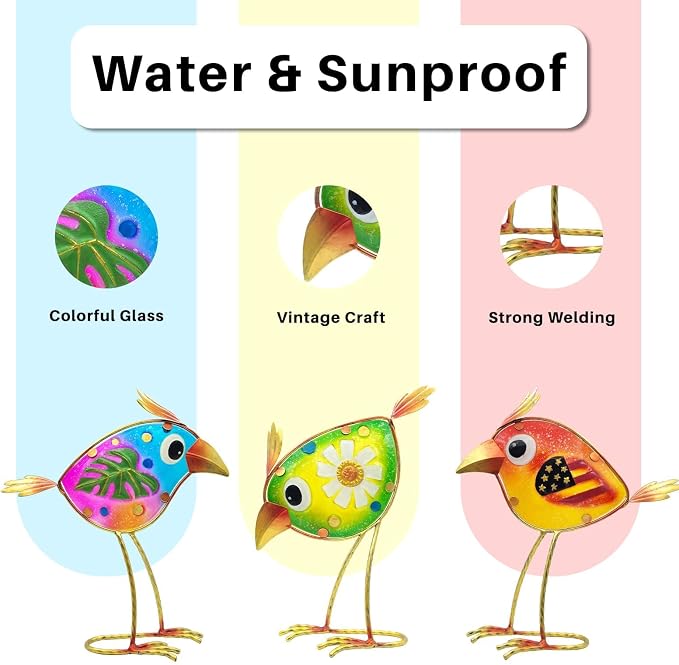 Garden Decor for Outside Set of 3, Colorful Metal & Glass Bird Decor for Outdoor, Indoor, Patio, Porch, Backyard, Balcony, Lawn, Yard Decorations, Patriotic Whimsy Birthday Gift for Gardener
