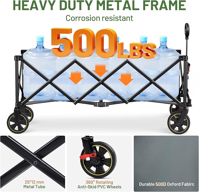 Timber Ridge 51.2'' Extended Collapsible Wagon Cart with Brakes and Cargo Net, 500LBS Heavy Duty Foldable Utility Wagon with Adjustable Handle, 400L Capacity Portable Cart for Camping Sports Shopping