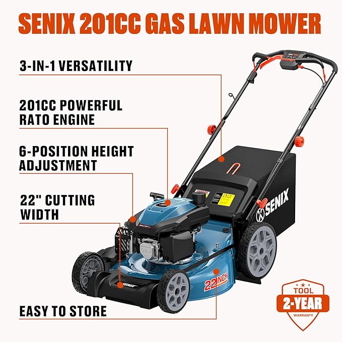 SENIX 201cc 22" 3-in-1 Variable Speed Self Propelled Gas Lawn Mower | Self Propelled Lawn Mower, 22" Self Propelled Gas Lawn Mower, 6 Height Adjustable