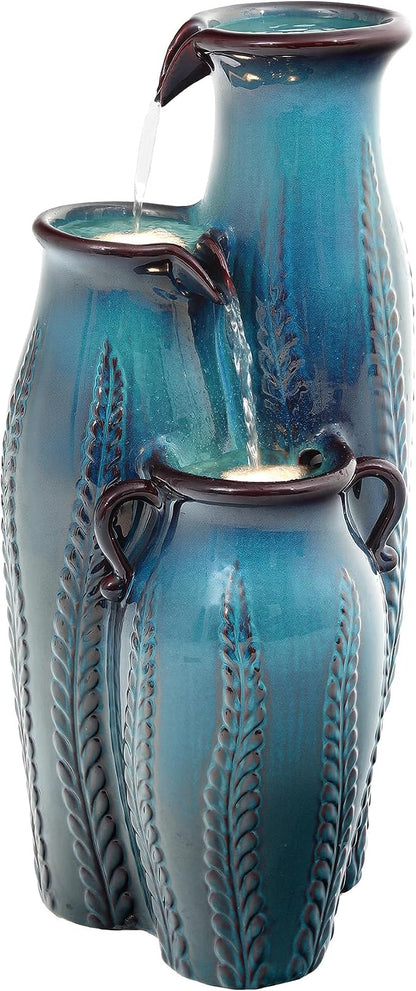 29.5" H Ceramic Outdoor Water Fountain with LED Lights, 3-Tier Vase Cascading Water Feature, Turquoise with Embossed Leaf Patterns, Tranquil Waterfall for Garden, Patio, Yard, or Porch