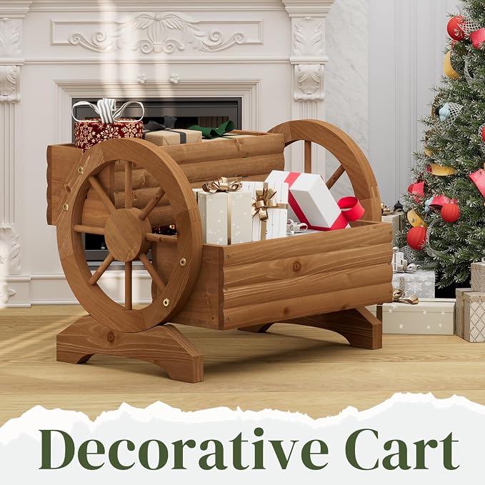 Wooden Wagon Planter Flower Cart with Wheels Garden Box Garden Planter, Decorative Planter for Flowers Herbs Vegetables for Indoor & Outdoor Décor Flower Cart for Patio Garden Balcony (Brown)
