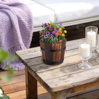 BESPORTBLE Rustic Wooden Barrel Planters: 4pcs Whiskey Barrel Bucket Flower Pots, Plants Boxes Container with Handles for Garden Outdoor Indoor Decor