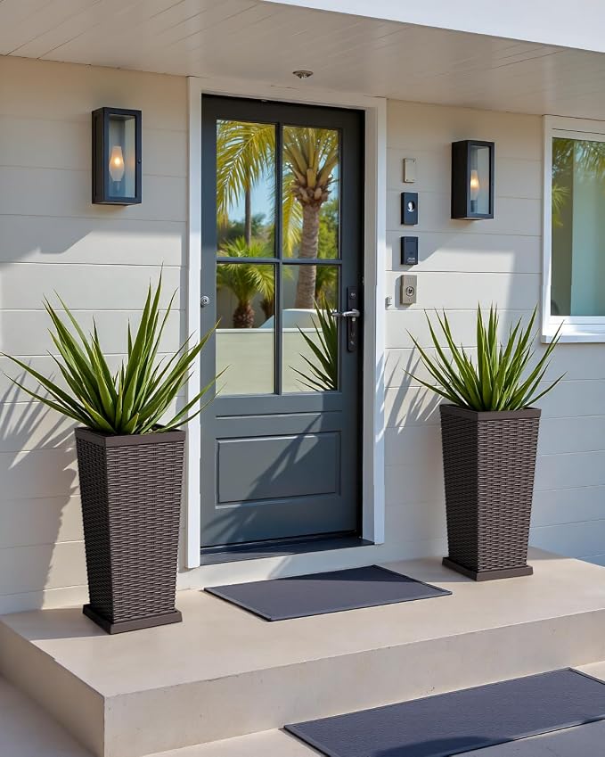 Greesum Set of 2 Tall Plastic Planters with Saucer, 24 Inch Large Pots with Drainage Trays, Weather-Resistant Plastic Plant Containers for Patio, Porch, Garden,Brown