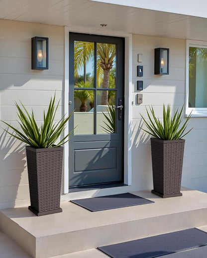 Greesum Set of 2 Tall Plastic Planters with Saucer, 24 Inch Large Pots with Drainage Trays, Weather-Resistant Plastic Plant Containers for Patio, Porch, Garden,Brown