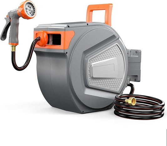 NEWBULIG Garden Hose Reel, 1/2" x 78ft Retractable Heavy Duty Water Hose Reel with 9 Pattern Nozzle, Slow Retract System, 180° Swivel Wall Mount for Outside Yard Cleaning