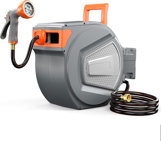 NEWBULIG Garden Hose Reel, 1/2" x 65 ft Retractable Heavy Duty Water Hose Reel with 9 Pattern Nozzle, Slow Retract System, 180° Swivel Wall Mount for Outside Yard Cleaning