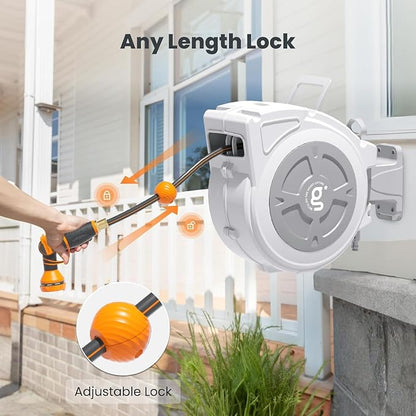 Giraffe Tools Retractable Hose Reel 1/2" x 65 ft Garden Hose Reel Heavy Duty, Any Length Lock with Swivel Bracket, 9-Function Sprayer Nozzle