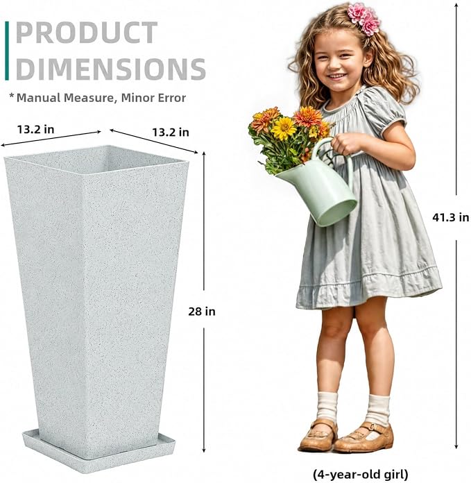 2-Pack 28" White Terrazzo Tall Tapered Planters with Drainage Holes | Set of 2 PP tall planters with white terrazzo finish, drainage plugs, and UV-treated surface for porch, patio, or indoors