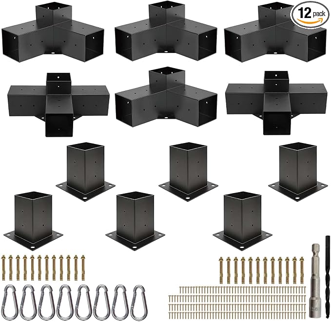 Pergola Bracket Kit 4x4 (Actual 3.6 x 3.6 in), 3-Way Corner & 4-Way Center Brackets with Post Base Set, Heavy Duty 2mm Steel Hardware with Hooks for Patio, Gazebo & Backyard Build