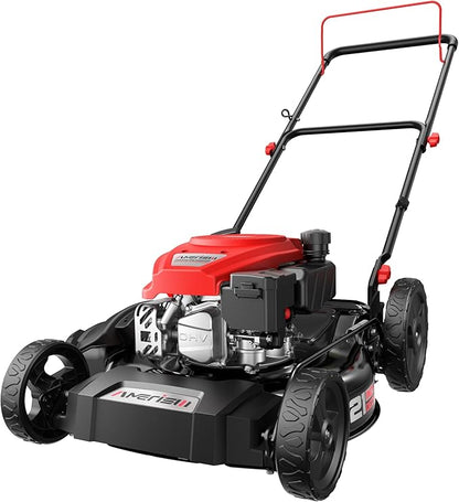 AMERISUN 21-Inch 2-in-1 Gas Push Lawn Mower, 144cc OHV Walk-Behind Mower for Yard, Mulching Side Discharge, 1.5–3.9 in Adjustable Cutting Height, 10-in Rear Wheels