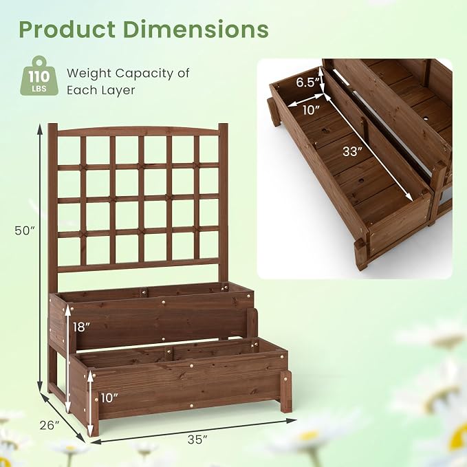 HAPPYGRILL Raised Garden Bed with Trellis, Drainage Holes, 2-Tier Wooden Elevated Planter Box w/Legs for Climbing Plants Vine Flower Herb Vegetable Fruit, Outdoor Garden Box for Patio Balcony (2)